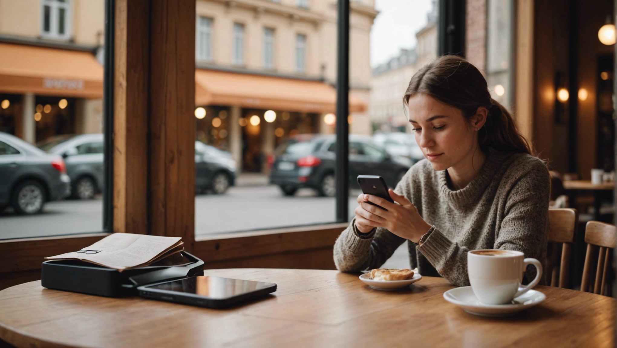 Случайная сцена, где человек пользуется iPhone в уютном кафе. 