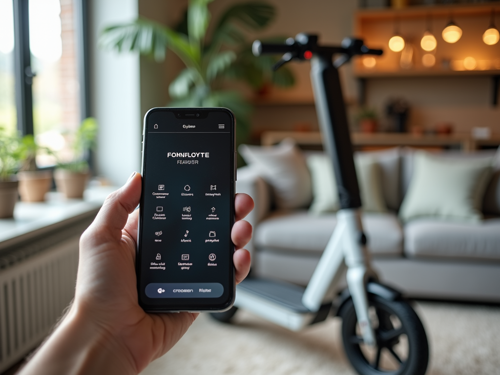 Рука держит смартфон с приложением для управления электросамокатом, на фоне интерьера комнаты.